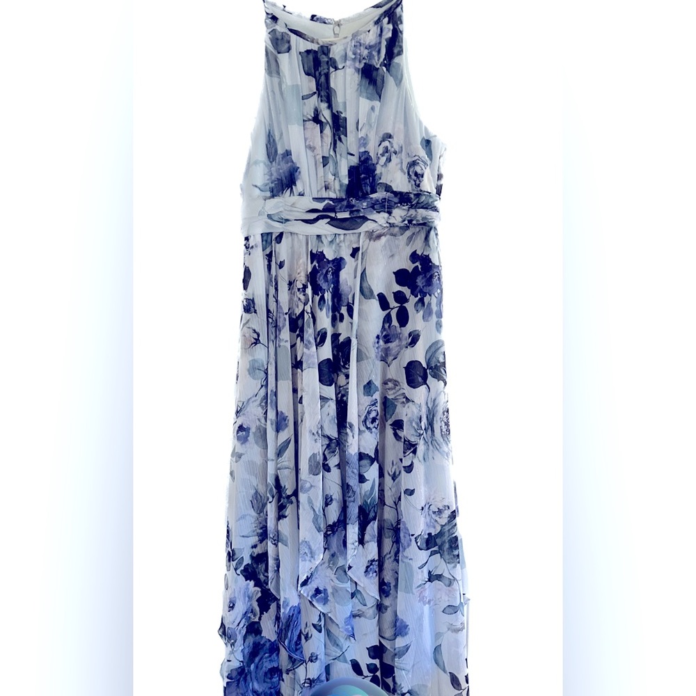 Sleeveless, halter neck floral chiffon dress.